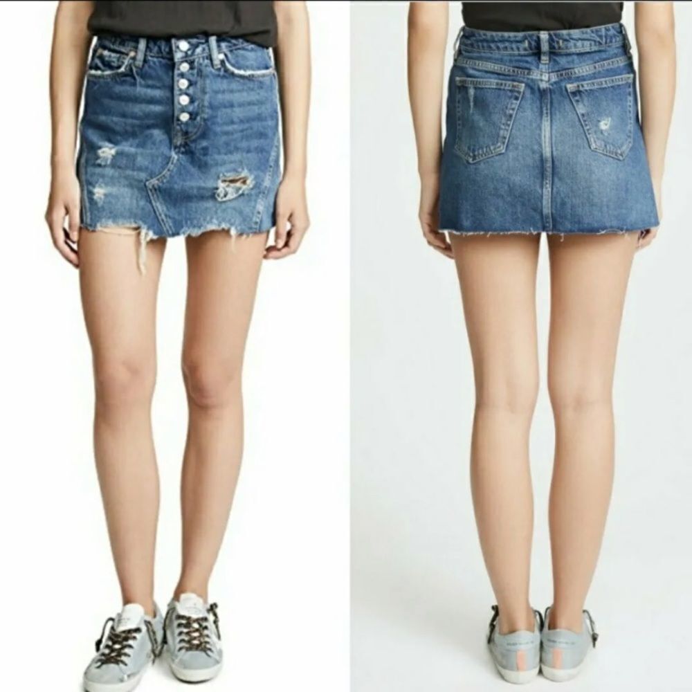 Free People Blue Distressed Denim Skirt